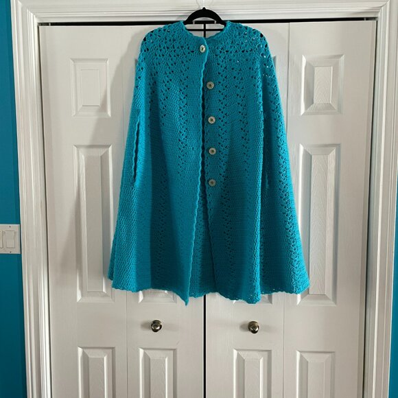 Vintage 70s Crochet Poncho Handmade Turquoise Blue Boho - Picture 7 of 11